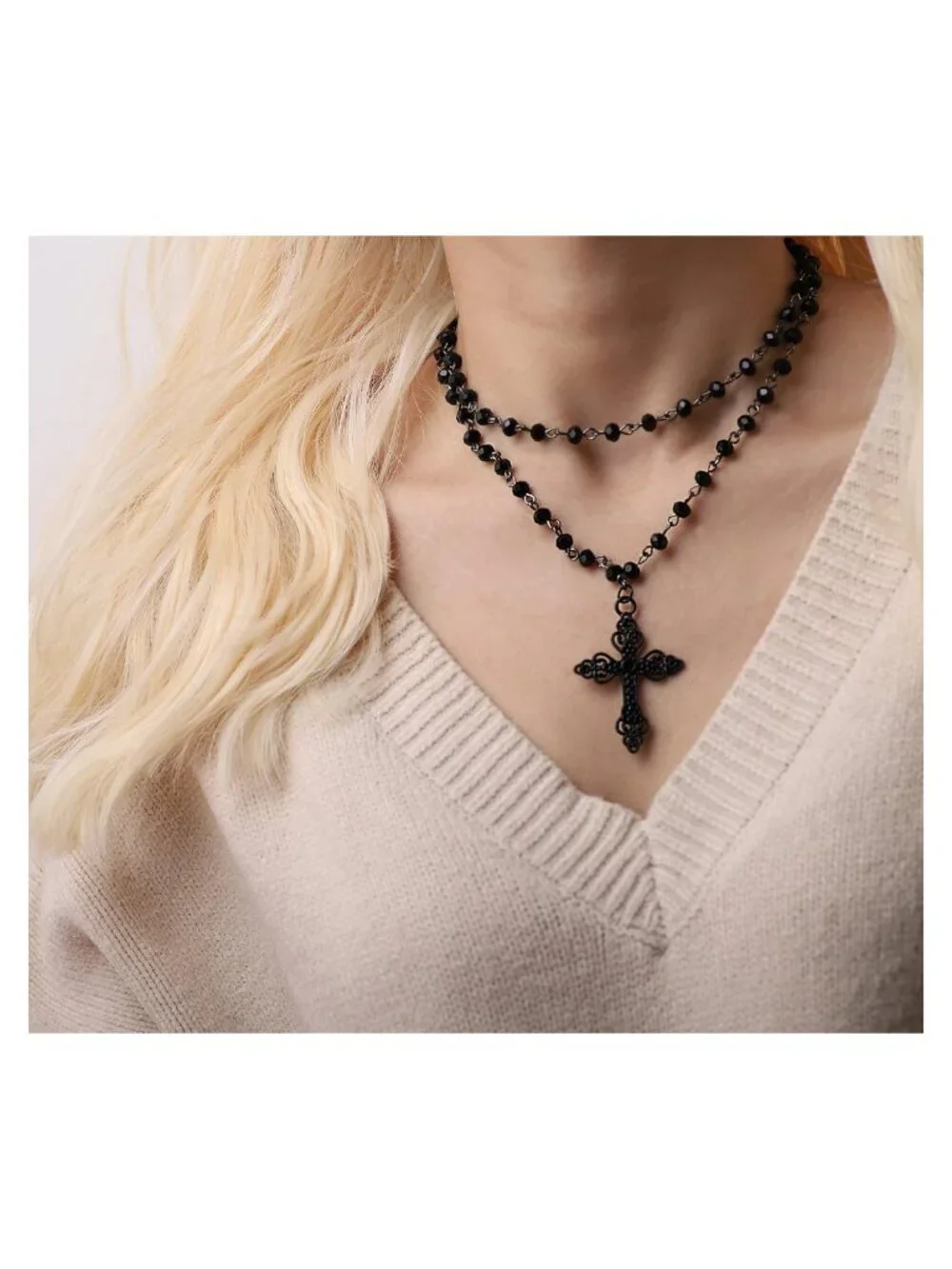 Layered Black Beaded Cross Choker Gothic Punk Grunge Necklace